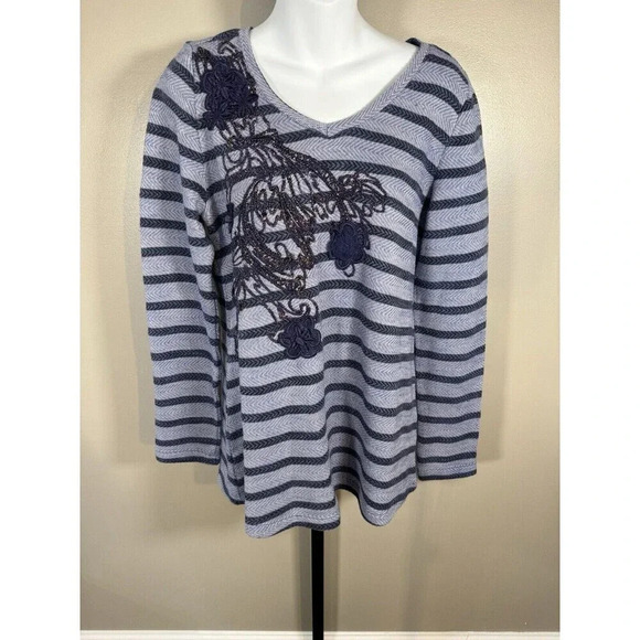 Soft Surroundings Blue Striped Shirt Embroidered Lace - Picture 1 of 9